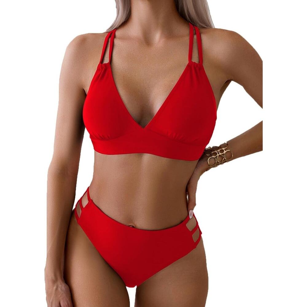 Womens Push Up V Neck Bikini Set Criss Cross Back Two Piece Swimsuit Small
